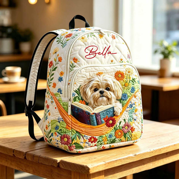 Cute Reading Shih Tzu Personalized Quilted Backpack TP34