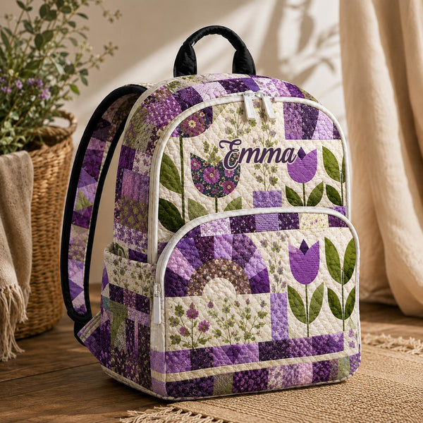 Purple Floral Patchwork Personalized Quilted Backpack TP53