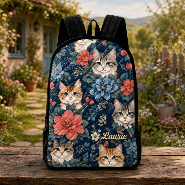 Cute Kitten & Flower Personalized Quilted Backpack With Black Strap TP10