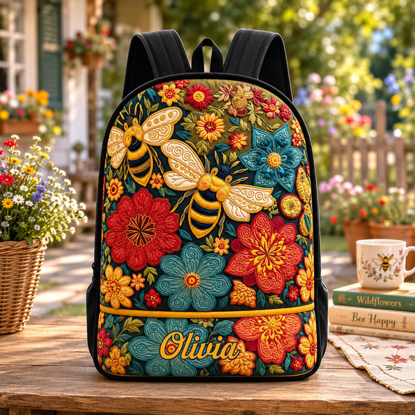 Bee Happy Wildflower Personalized Quilted Backpack With Black Strap TP11