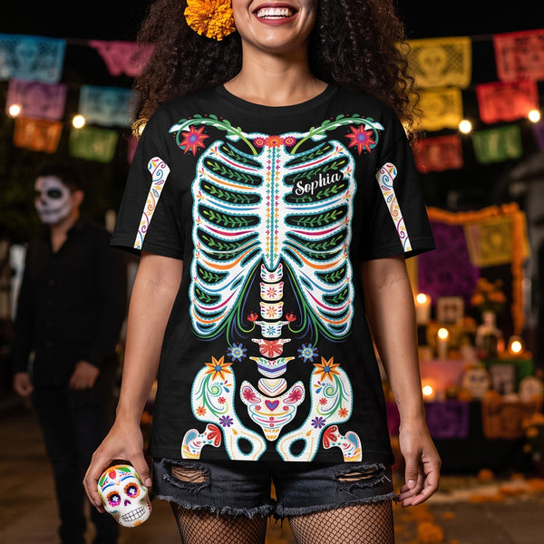 Personalized Day of the Dead Sugar Skull Shirt - Mexican Floral Halloween Gift
