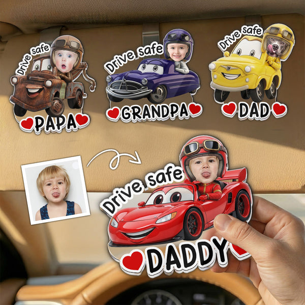 Father's Day Gifts, Drive Safe, Daddy, Papa, Mommy, Grandma - Custom Kids' Face Racing Cars - Personalized Car Visor Clip