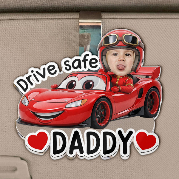 Father's Day Gifts, Drive Safe, Daddy, Papa, Mommy, Grandma - Custom Kids' Face Racing Cars - Personalized Car Visor Clip