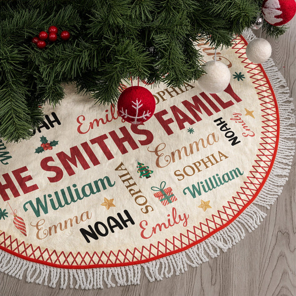 Personalized Family Name Christmas Tree Skirt, Custom Holiday Decor