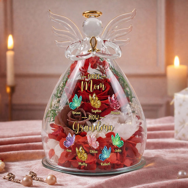 First Mom Now Grandma Gift For Mom, Grandma - Personalized Flower In Glass Angel Figurines