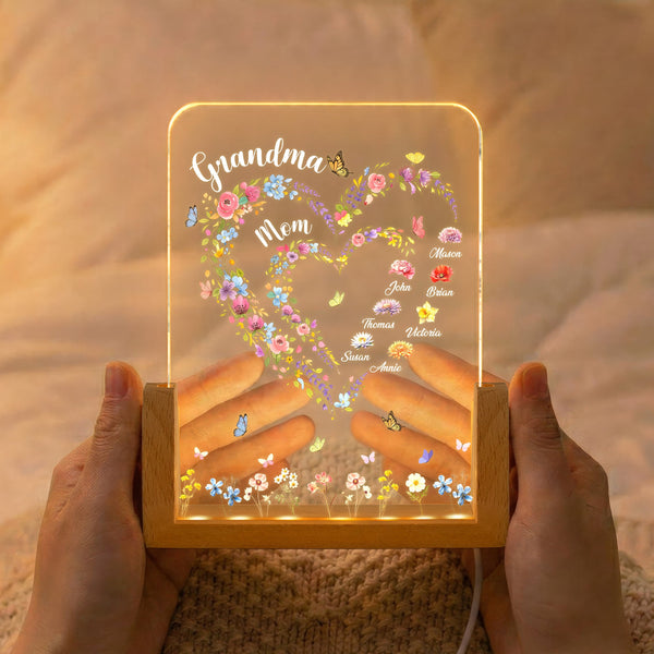 First Mom Now Grandma Heart Flower With Kids' Names & Birth Flower Personalized Night Light