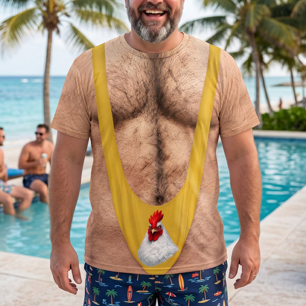 Funny 3D Hairy Chest & Chicken T-Shirt - Novelty Beach & Party Gag Gift
