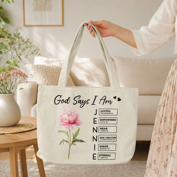 God Says I Am Custom Birth Flower Name In Bible Verse - Personalized Tote Bag