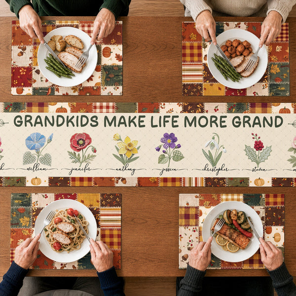 Personalized Family Name Table Runner Set - Custom Grandkids Gift for Grandparents Grandma Grandpa