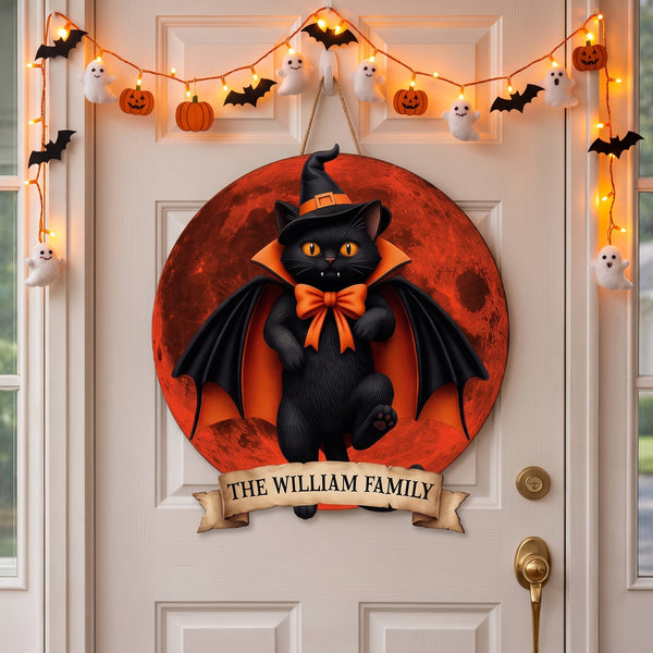 Black Cat Vampire Halloween Moon - Personalized Shaped Wooden Door Sign