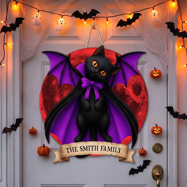 Black Cat Vampire Halloween Moon - Personalized Shaped Wooden Door Sign