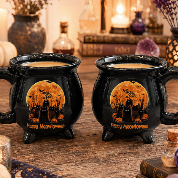 Personalized Happy Meowloween Black Cat Cauldron Mug - Custom Cat Lover Gift