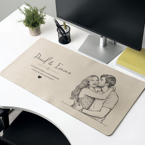 I Love You Now And Always Couple Photo Sketch Line Art - Personalized Desk Mat | Romantic Couple Gift