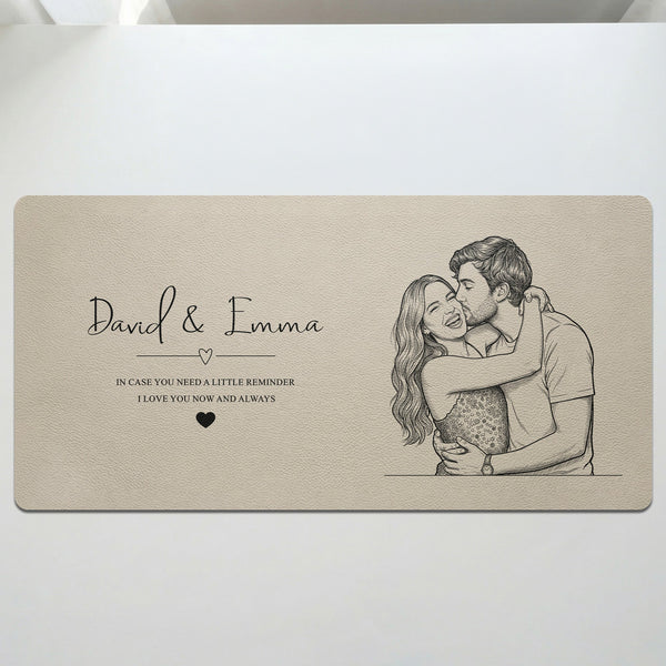 I Love You Now And Always Couple Photo Sketch Line Art - Personalized Desk Mat | Romantic Couple Gift