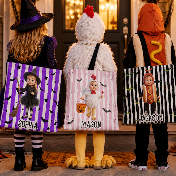 Kid Halloween Custom Cartoon Character Trick Or Treat Personalized Tote Bag