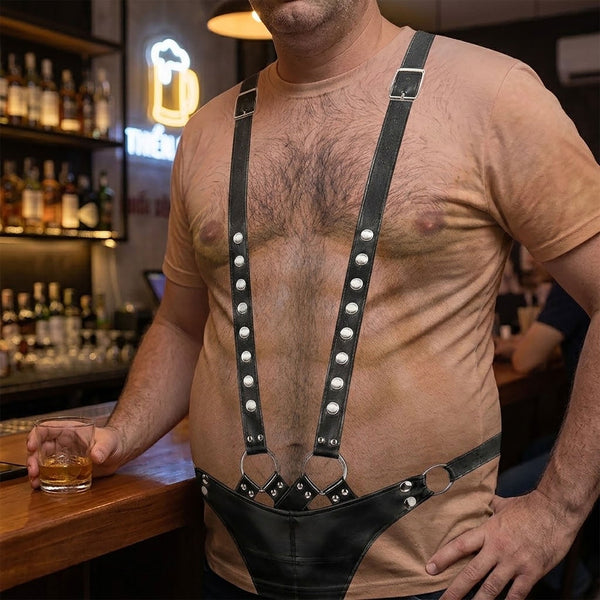 Funny 3D Hairy Chest Harness Shirt - Mens Bachelor Party & Halloween Gag Gift