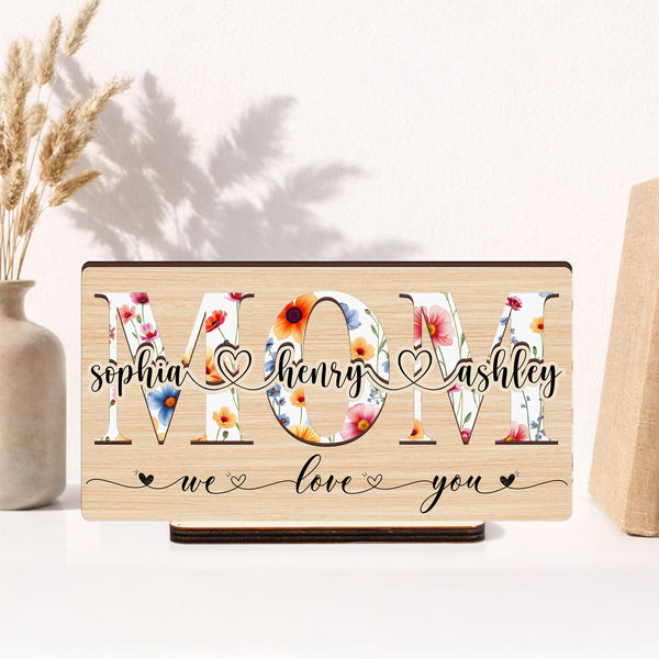 Mom, Grandma, Gigi Floral Sign With Kids' Names - Personalized Wooden Plaque