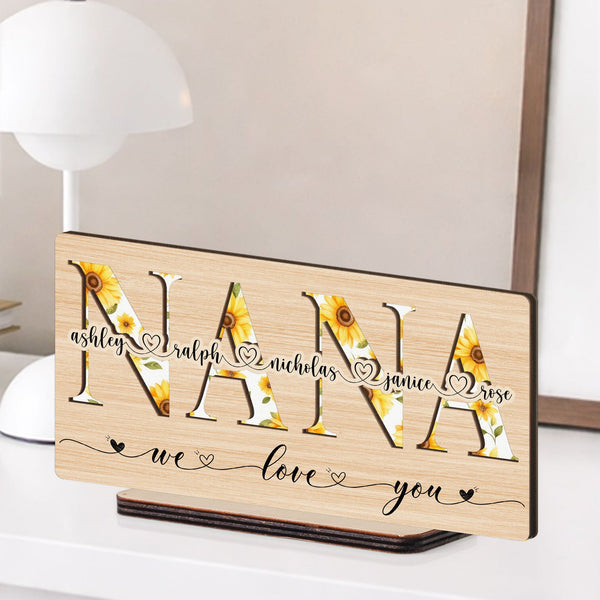Mom, Grandma, Gigi Floral Sign With Kids' Names - Personalized Wooden Plaque