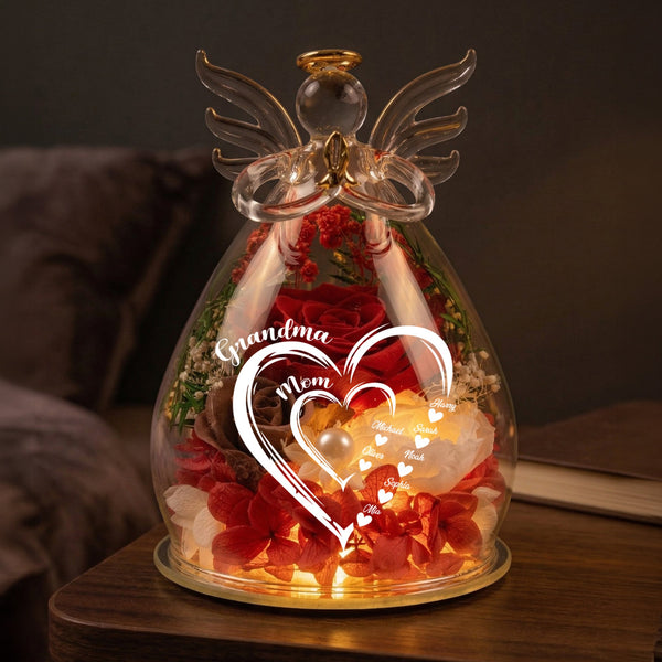 Mom Grandma Hearts Custom Kids' Names - Personalized Flower In Glass Angel Figurines