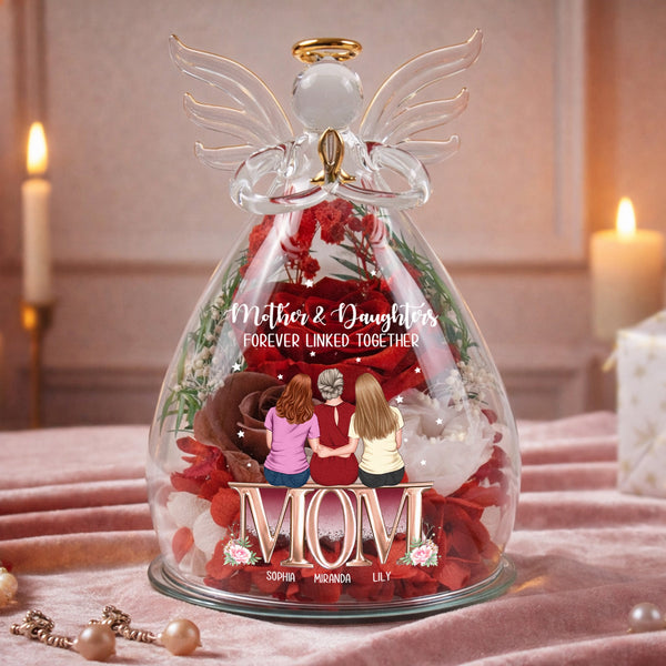 Mother & Daughters Forever Linked Together - Personalized Flower In Glass Angel Figurines