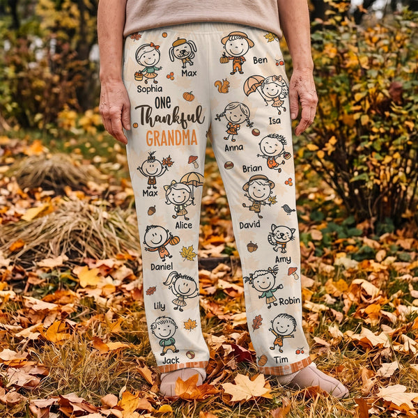 One Thankful Grandma Fall Vibe Doodle Personalized Lounge Pants – Custom Kids Names Fall Pajama Pants Gift
