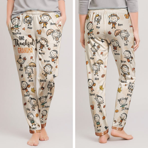 One Thankful Grandma Fall Vibe Doodle Personalized Lounge Pants – Custom Kids Names Fall Pajama Pants Gift