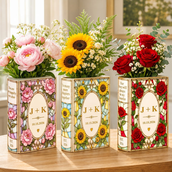 Personalized Our Love Story Couples Floral Book Shaped Ceramic Vase