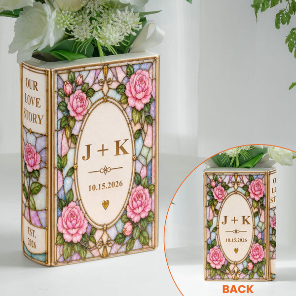 Personalized Our Love Story Couples Floral Book Shaped Ceramic Vase