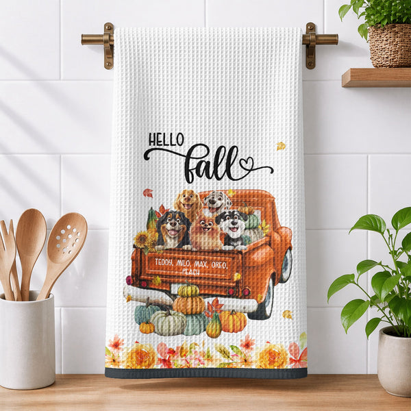 Pet With Pumpkin Truck Art Fall Decor - Personalized Kitchen Towel