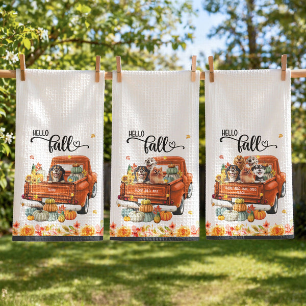 Pet With Pumpkin Truck Art Fall Decor - Personalized Kitchen Towel