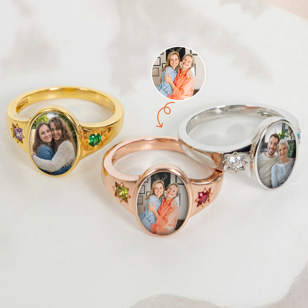 Photo Ring With 2 Birthstones Mother's Day Gift For Mom - Personalized Ring