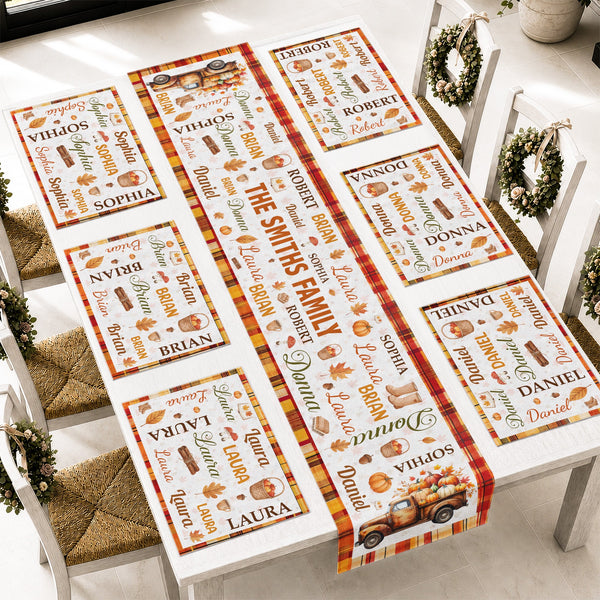 Custom Family Name Autumn Leaves & Pumpkin Table Runner Set