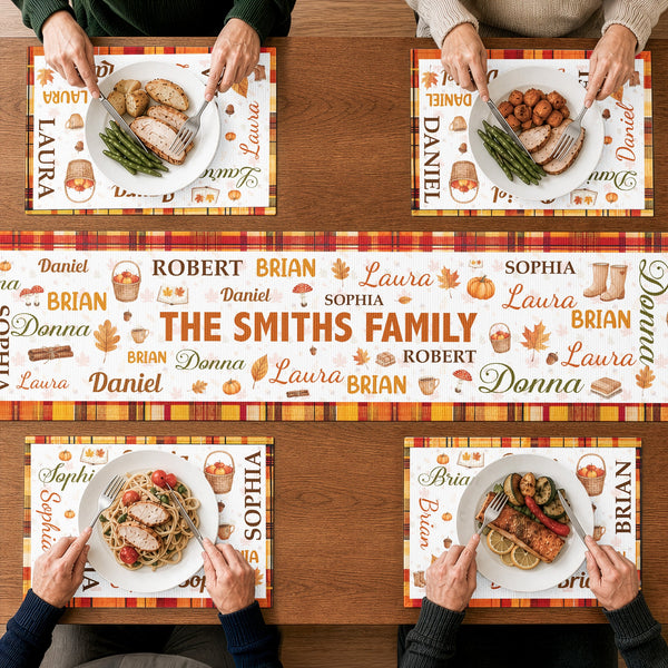 Custom Family Name Autumn Leaves & Pumpkin Table Runner Set