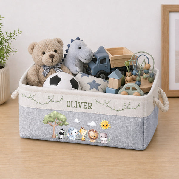 Safari Jungle Animals Custom Kid's Name - Personalized Storage Basket
