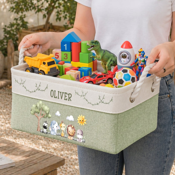 Safari Jungle Animals Custom Kid's Name - Personalized Storage Basket