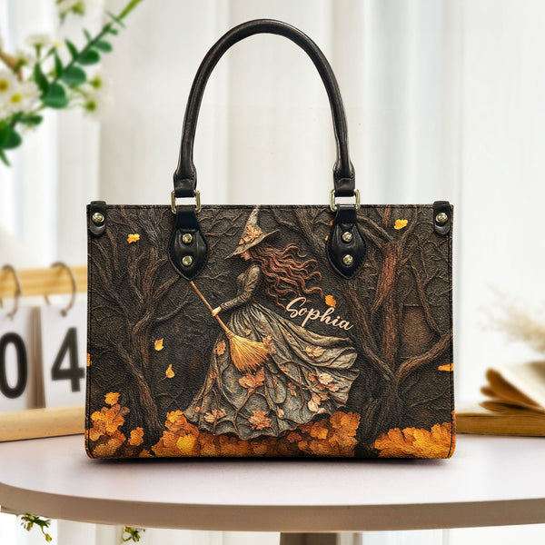 Personalized Witch Art Leather Bag, Spooky Season Gift For Her