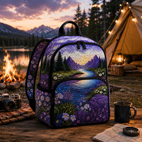 Purple Wildflower & Mountain Scene Quilted Backpack LV05