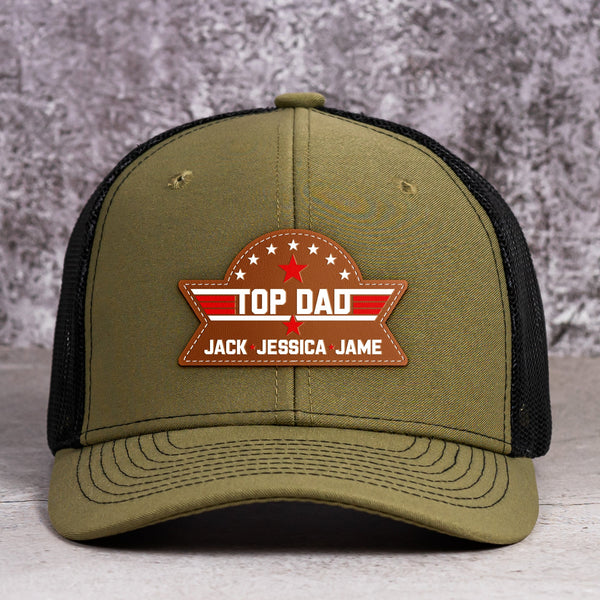 Father's Day Gifts, Top Dad, Grandpa, Papa - With Kids' Names - Personalized Leather Patch Hat