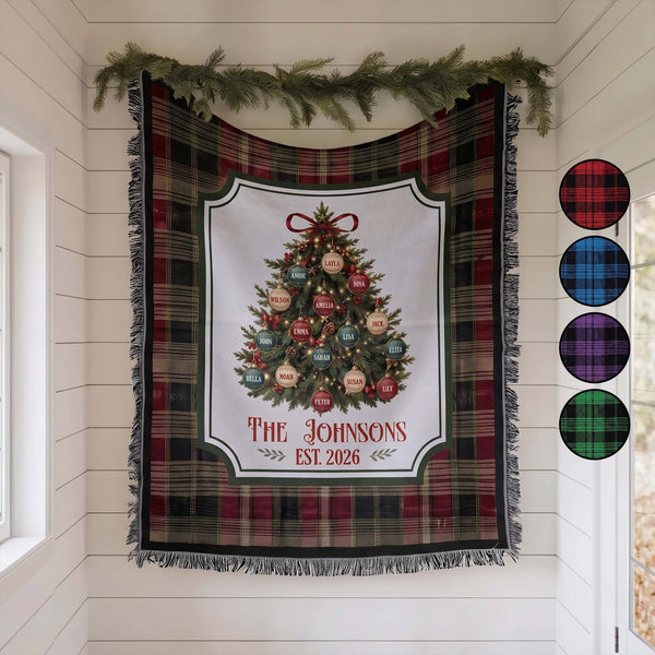 Personalized Christmas Tree Woven Blanket - Custom Family Name Throw