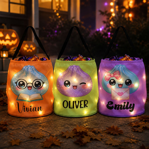 Personalized LED Halloween Trick or Treat Bag, Custom Cute Dumplings Candy Basket for Kids