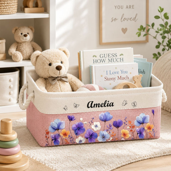 Custom Birth Flower & Name - Storage Basket | Floral Home Decor Gift
