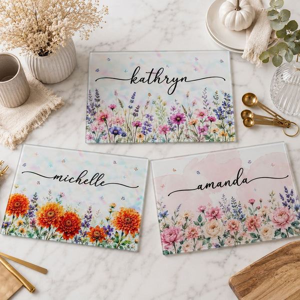 Custom Name & Birth Flower Faux Pressed Flower - Personalized Cutting Board | Elegant Kitchen Gift