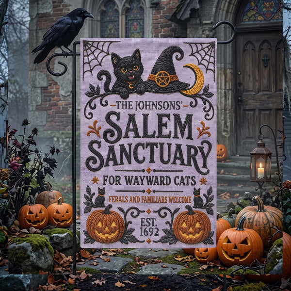 Personalized Salem Sanctuary For Wayward Cats Garden Flag - Custom Cat Lover Halloween Outdoor Yard Decor