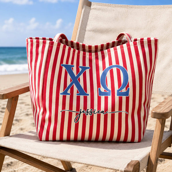 Personalized Sorority Greek Letters Monogram Striped Canvas Tote Bag