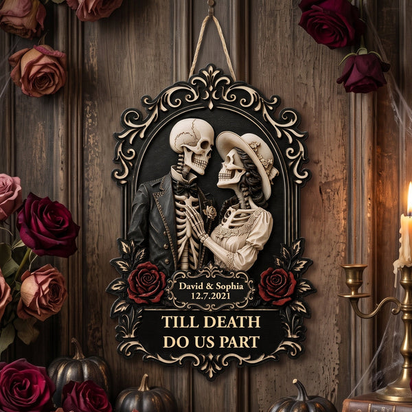 Personalized Till Death Do Us Part Skull Couple Wood Sign - Custom Gothic Anniversary Gift for Him Her