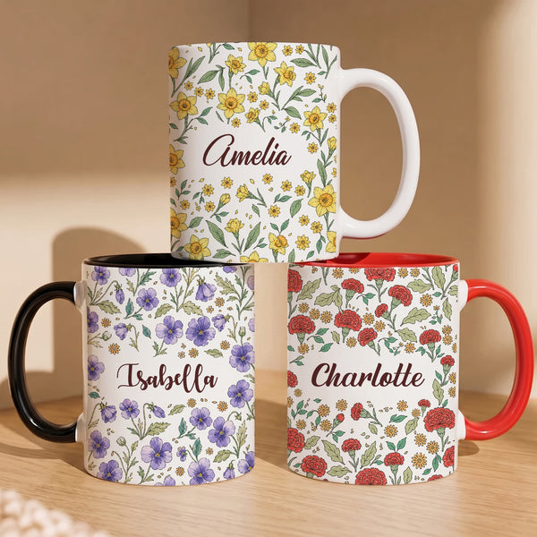 Personalized Vintage Birth Flower Mug – Custom Name Ceramic Coffee Cup