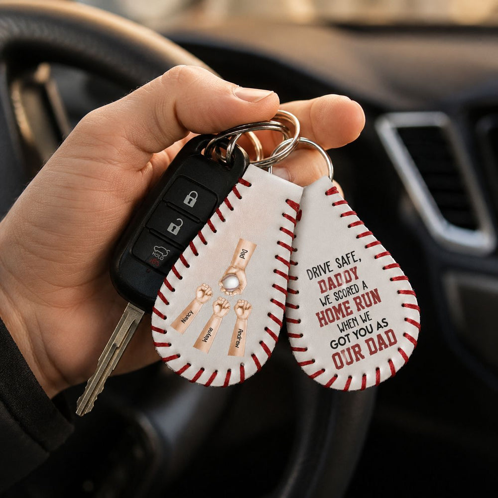 We Scored A Home Run When We Got You As Our Dad - Personalized Leather Baseball Keychain
