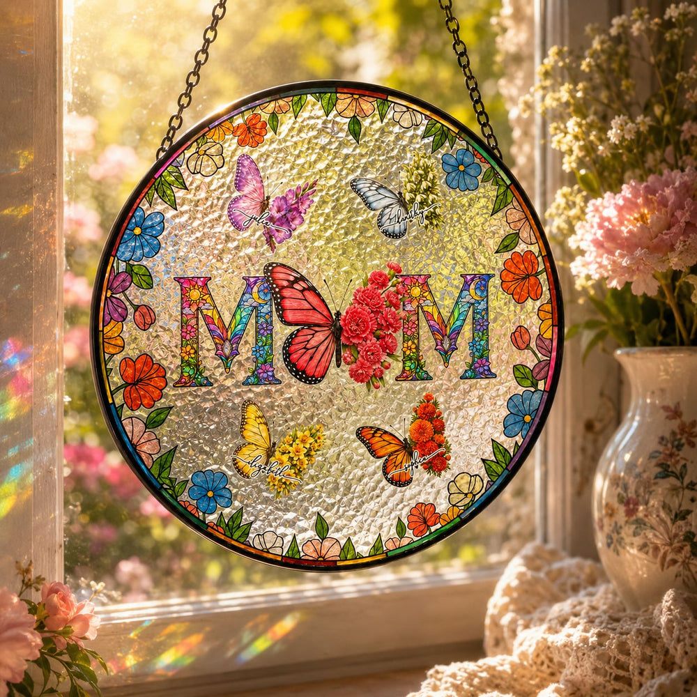 Butterfly Birth Flower Gift For Mom - Personalized Window Hanging Suncatcher | Floral Mom Gift