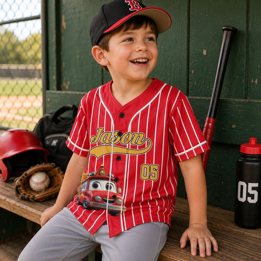 Kid Cartoon Dinosaurus Vehicles - Personalized Jersey Shirt | Custom Name Kids Dino Truck Sports Tee