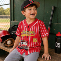 Kid Cartoon Dinosaurus Vehicles - Personalized Jersey Shirt | Custom Name Kids Dino Truck Sports Tee